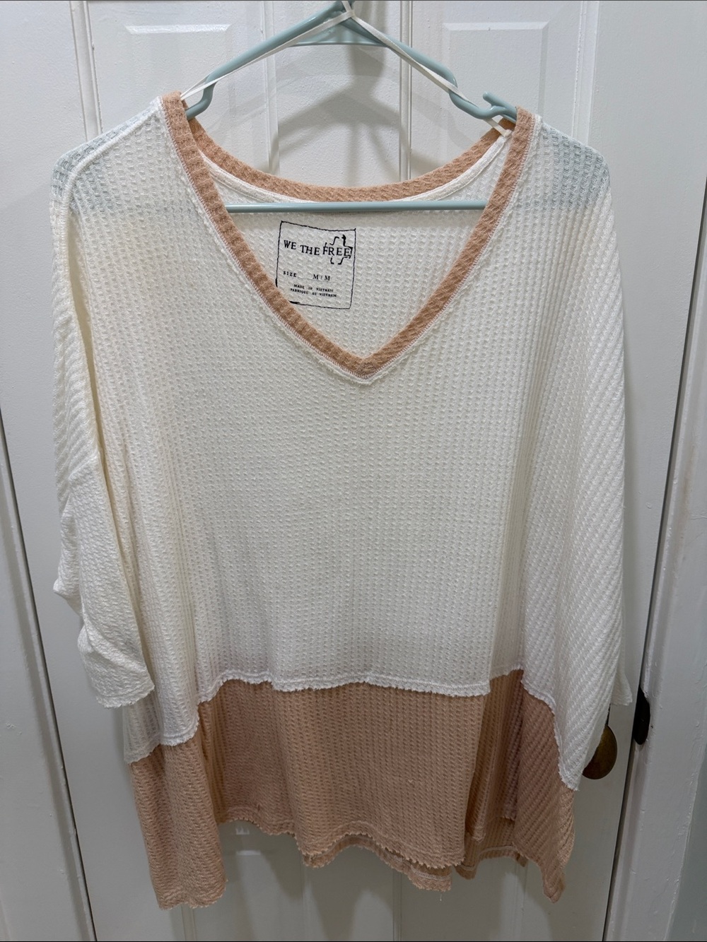 We The Free Two-Tone V-Neck Waffle Sweater - Cream & Tan